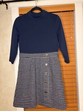 ModCloth Navy Mock Neck Dress with Houndstooth Skirt